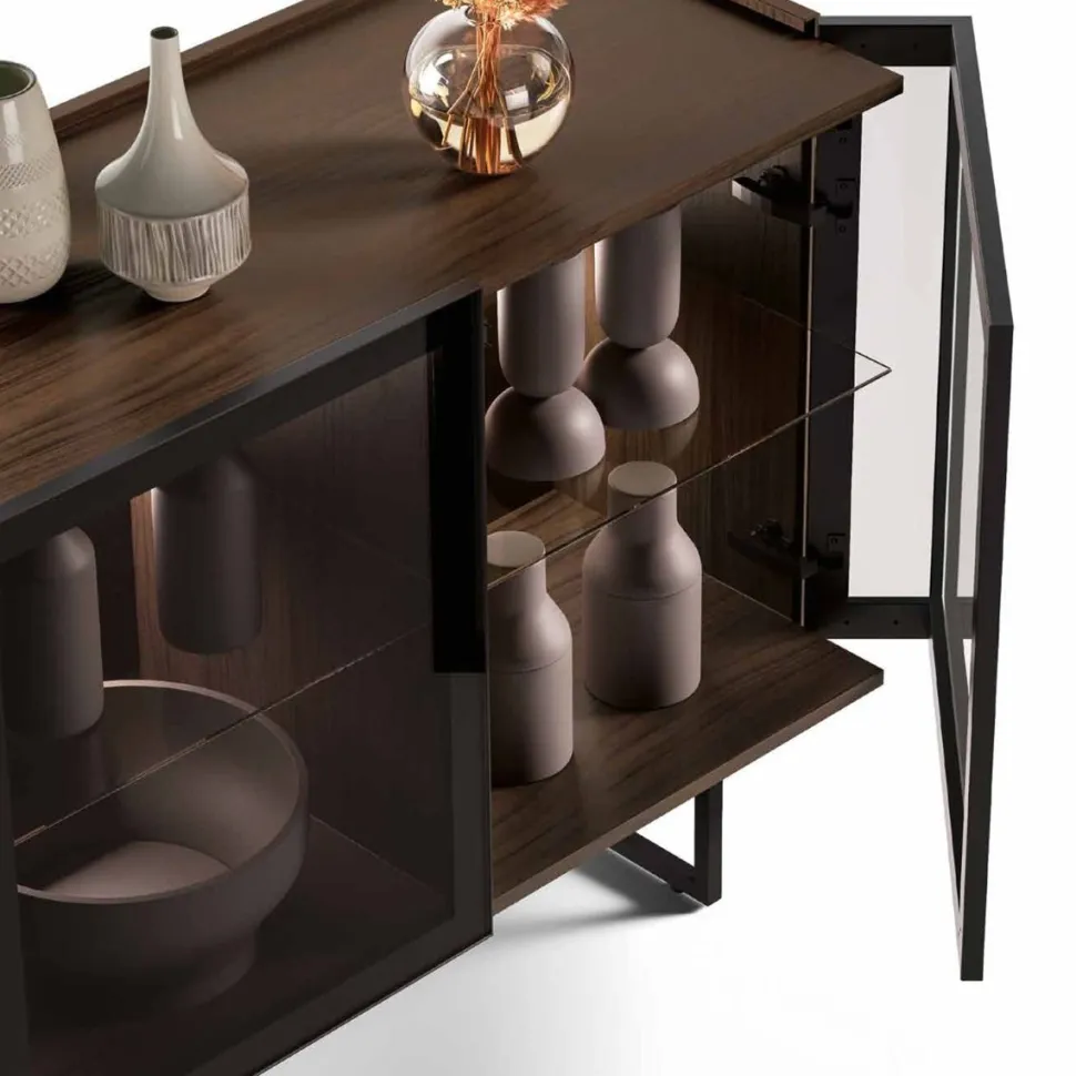 Madia 3 ante in vetro fumè con piedini e telaio in alluminio disponibile in vari colori