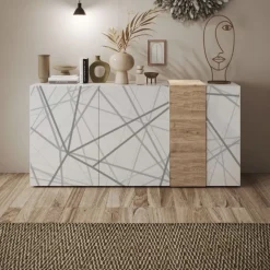 Madia 3 ante linea Olimpo finitura Bianco Lucido e Rovere Kadiz con serigrafia
