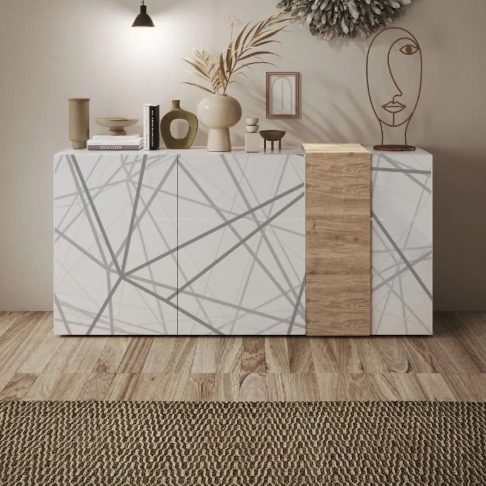 Madia 3 ante linea Olimpo finitura Bianco Lucido e Rovere Kadiz con serigrafia