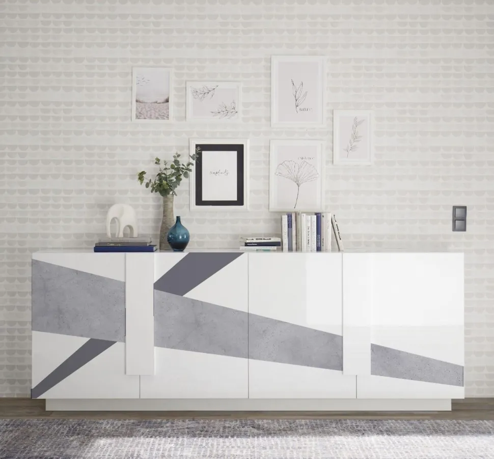 Madia 4 ante linea Sax in finitura Bianco Lucido con serigrafia cemento