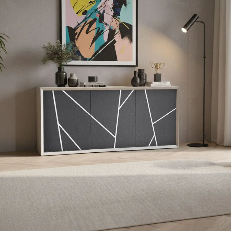 Madia 3 ante linea Tilt in finitura bianco opaco e pietra con serigrafia