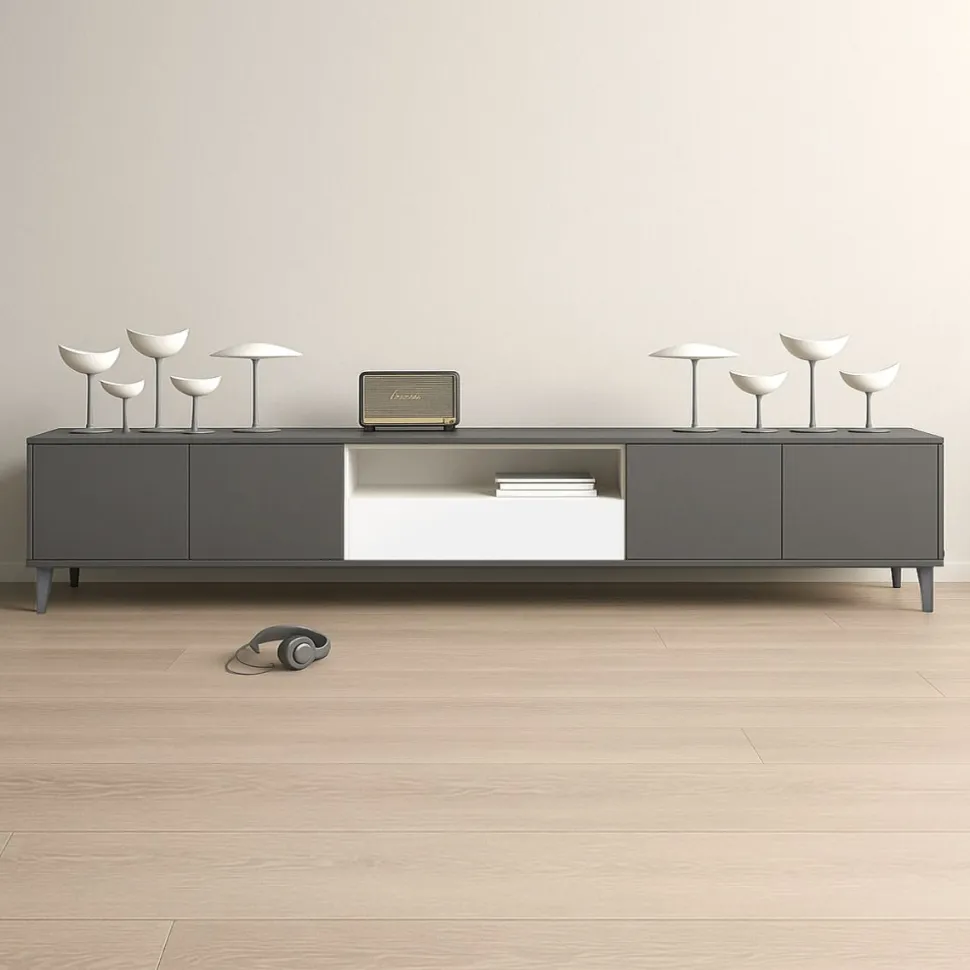 Madia bassa moderna grigio titanio con piedini, con cassetto e vano centrale CLOE in 15 colorazioni Cloe, L 270cm