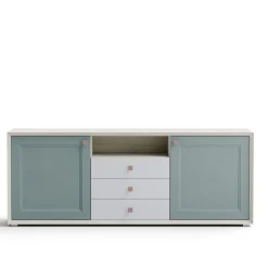 Madia Bianco opaco e verde Bristol 2 ante e 3 cassetti senza maniglia linea Tilt CLASSIC struttura Cenere Wood