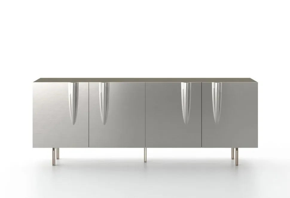 Madia con piedini e 4 ante in vetro specchio curvato Aura disponibile in vari colori