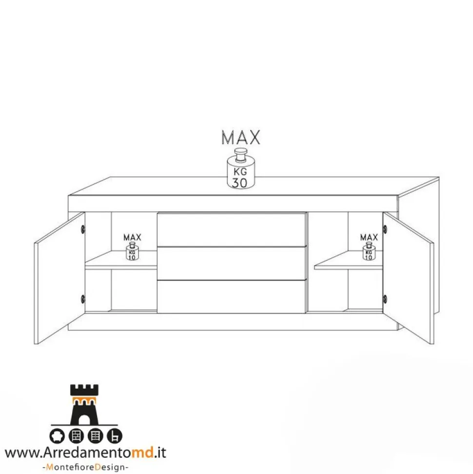 Madia linea Basic con 2 ante e 3 cassetti in finitura Bianco lucido e Beton