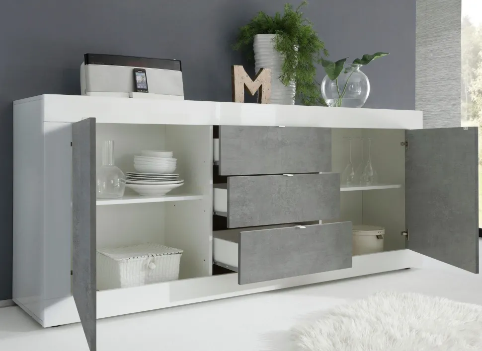 Madia linea Basic con 2 ante e 3 cassetti in finitura Bianco lucido e Beton