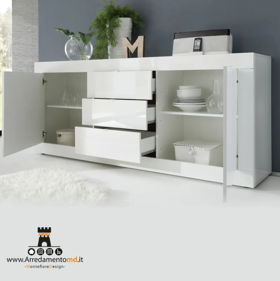 Madia linea Basic con 2 ante e 3 cassetti in finitura Bianco laccato lucido grafica PRISMA