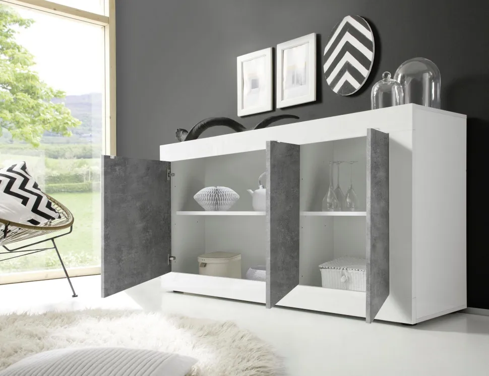 Madia linea Basic con 3 ante in finitura Bianco lucido e Beton
