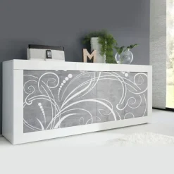 Madia linea Basic con 4 ante linea fancy in finitura Bianco laccato lucido e Beton con grafica floreale