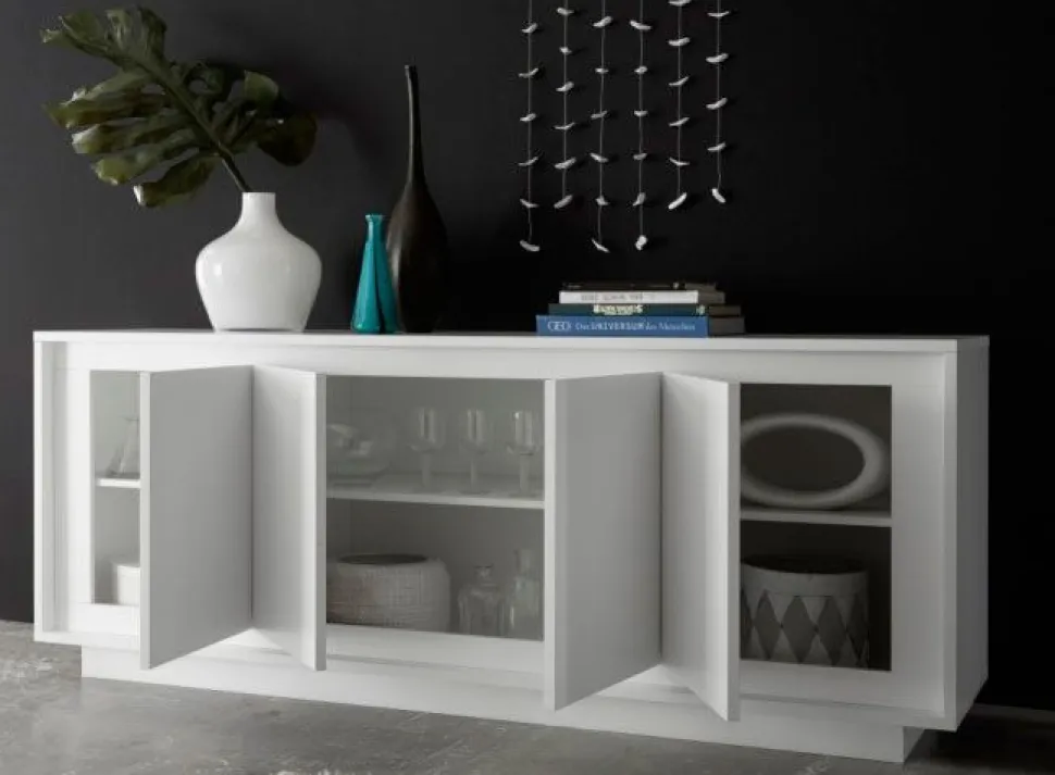 Madia linea Beton 4 ante in finitura Bianco laccato opaco con ante cemento e grafica floreale