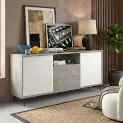 Madia Moderna a 2 Ante e 2 Cassetti in Finitura Cemento e Bianco Opaco Serigrafato