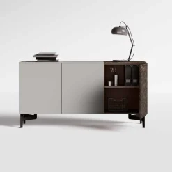Madia moderna 3 ante Bianco Opaco e Rovere con piedini in metallo verniciato disponibile in vari colori