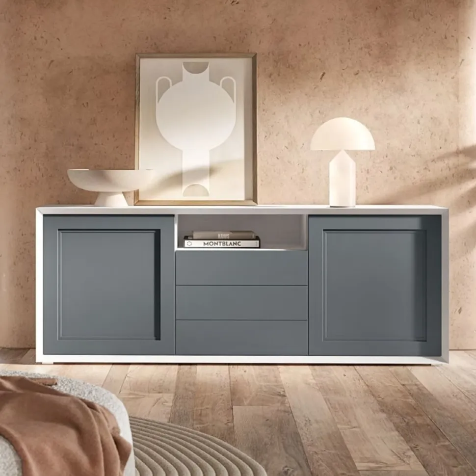Madia moderna 2 ante e 3 cassetti in finitura Bianco opaco e Alluminio linea Tilt CALSSIC