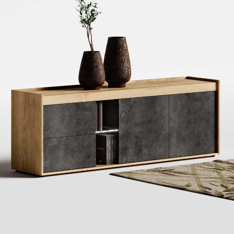 Madia moderna 2 ante e 2 cassetti Rovere nordico e Ardesia con top a vassoio disponibile in vari colori