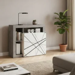 Madia moderna 2 ante linea Frame in Bianco Lucido e Cemento con grafica righe
