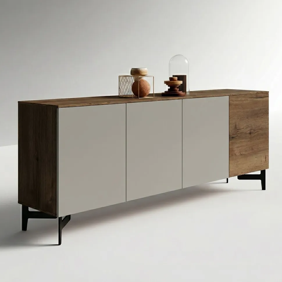 Madia moderna 4 ante Rovere e Argilla con piedini in metallo verniciato disponibile in vari colori