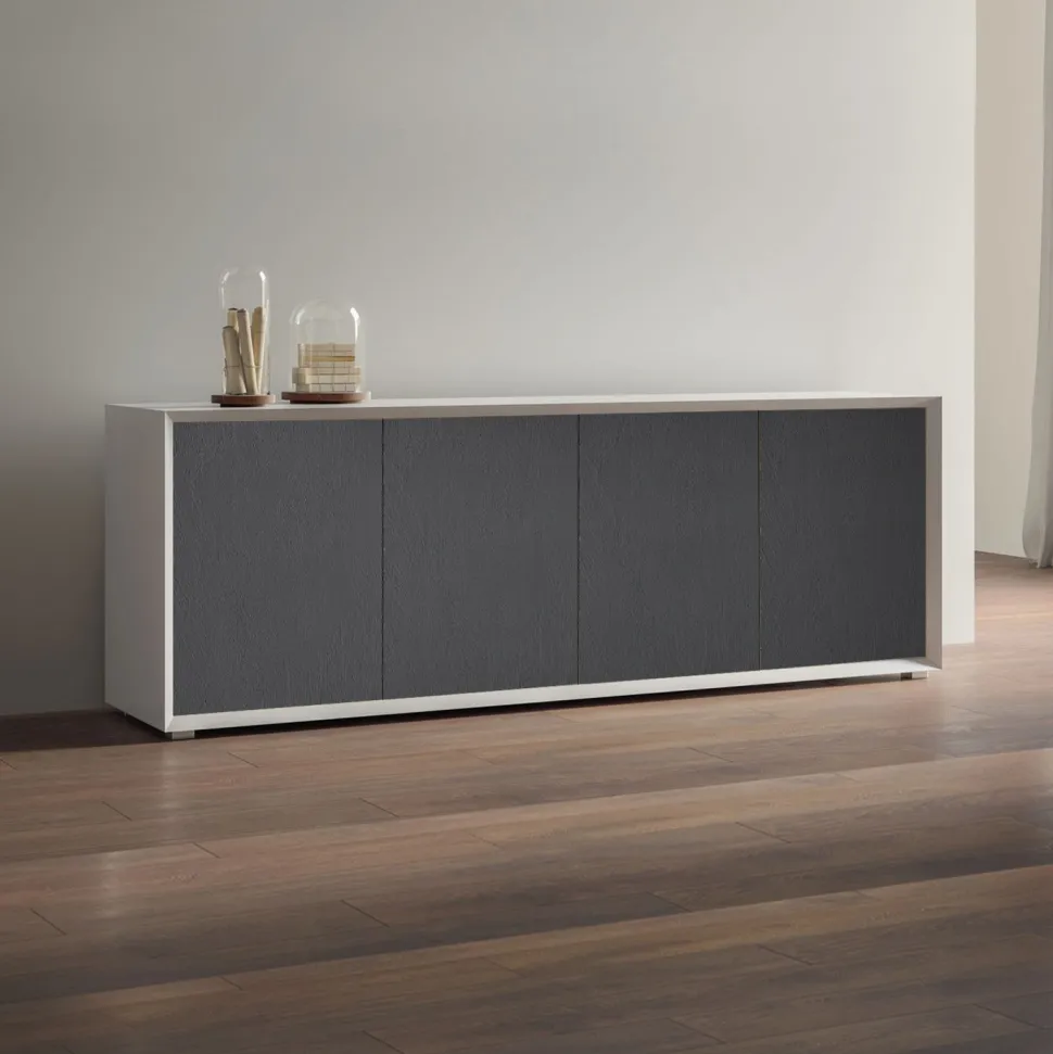 Madia moderna Bianco opaco e 4 ante effetto materico pietra senza maniglia linea Tilt