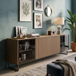 Madia moderna Rovere con ante in vetro fumè componibile disponibile in vari colori