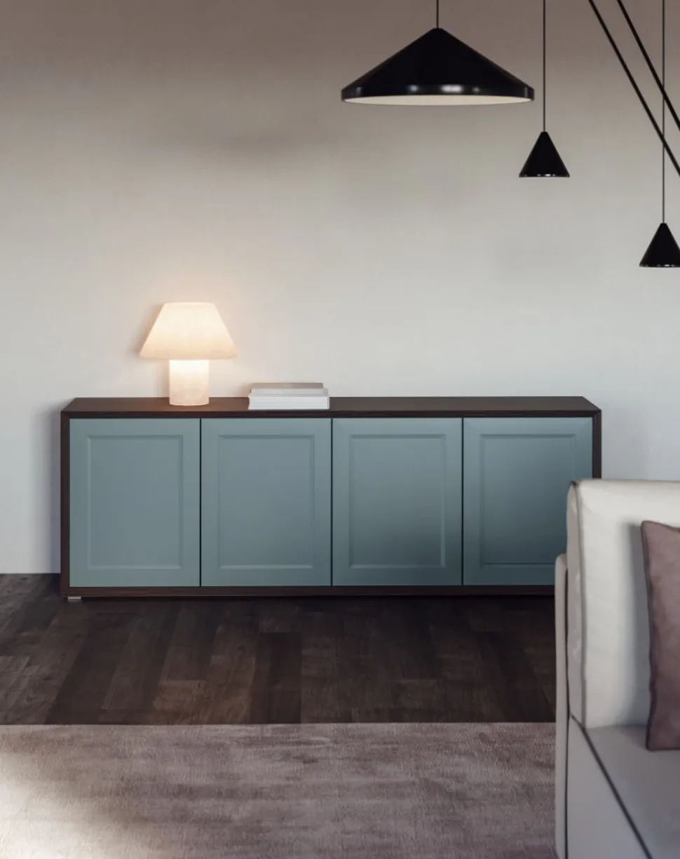 Madia moderna verde Bristol e Teak 4 ante senza maniglia linea Tilt CLASSIC