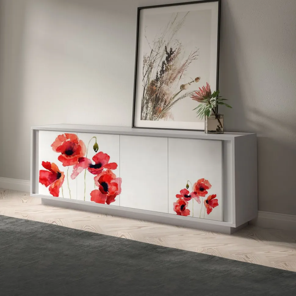 Madia SKYLINE 4 ante bianco opaco e struttura nuvola con fiori serigrafati