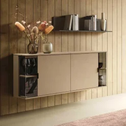 Madia sospesa moderna finitura Oro 2 ante con inserti in vetro fumè disponibile in vari colori