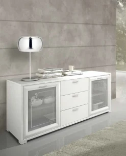 Madia Terry linea Prevaling finitura Bianco Frassino con serigrafia Argento e maniglie con strass