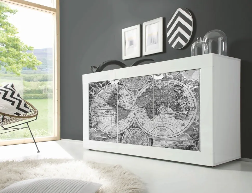 Madia Vintage Map 2 Linea Fancy finitura Bianco lucido con Serigrafia