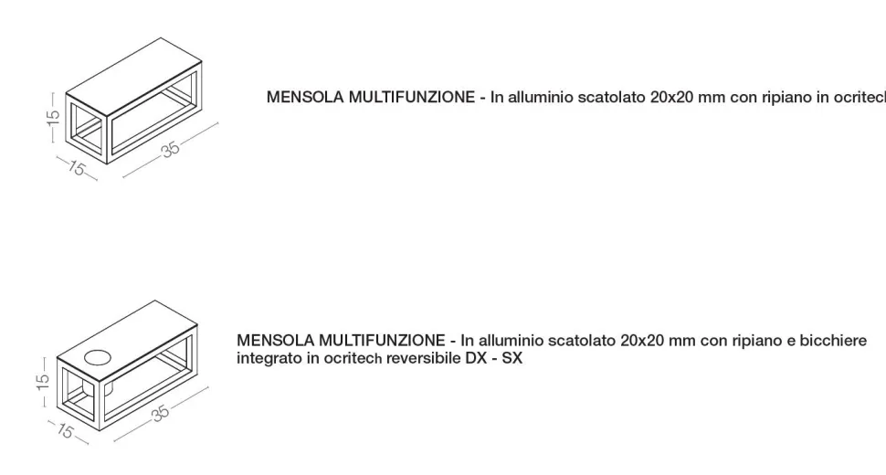 Mensola multifunzione in alluminio scatolato 20x20 mm con ripiano in ocritech disponibile 3 colori
