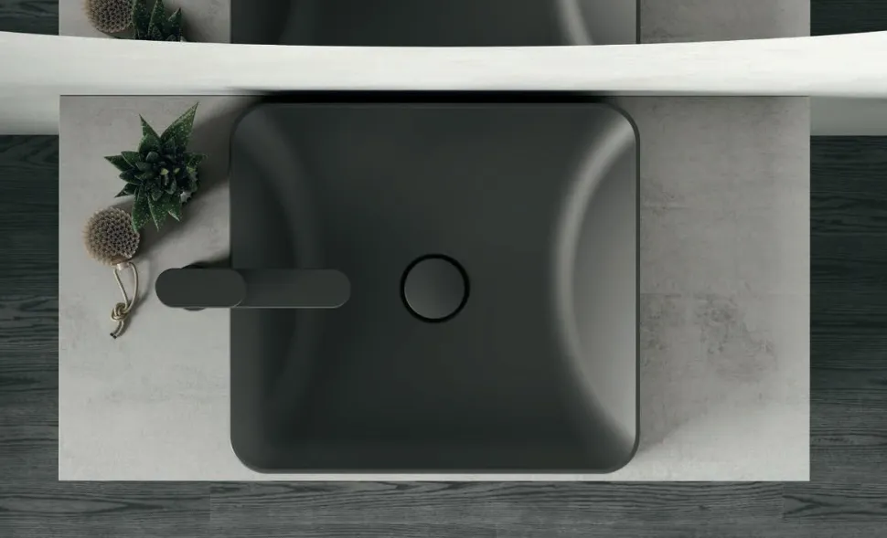 Mobile Bagno a terra 3 cassetti con presa maniglia a 45° e lavabo in appoggio Allegra disponibile in 4 colori