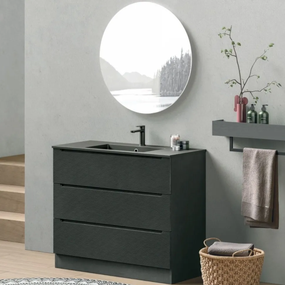 Mobile Bagno a terra 3 cassetti con presa maniglia integrata e frontali rigati Rigo disponibile in 5 colori