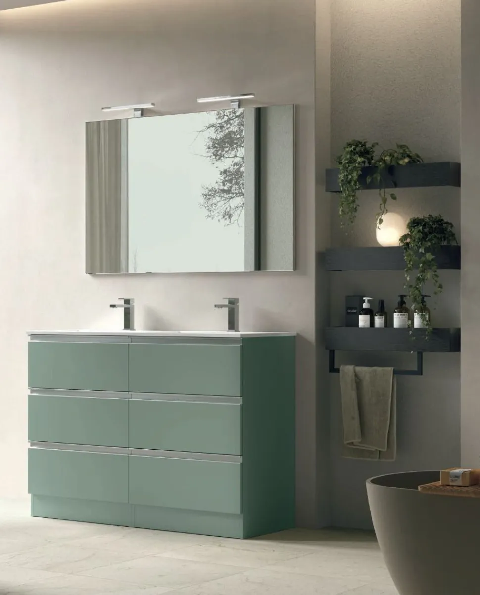 Mobile Bagno a terra con doppio lavabo 6 cassetti con maniglia a gola Pamela disponibile in 5 colori