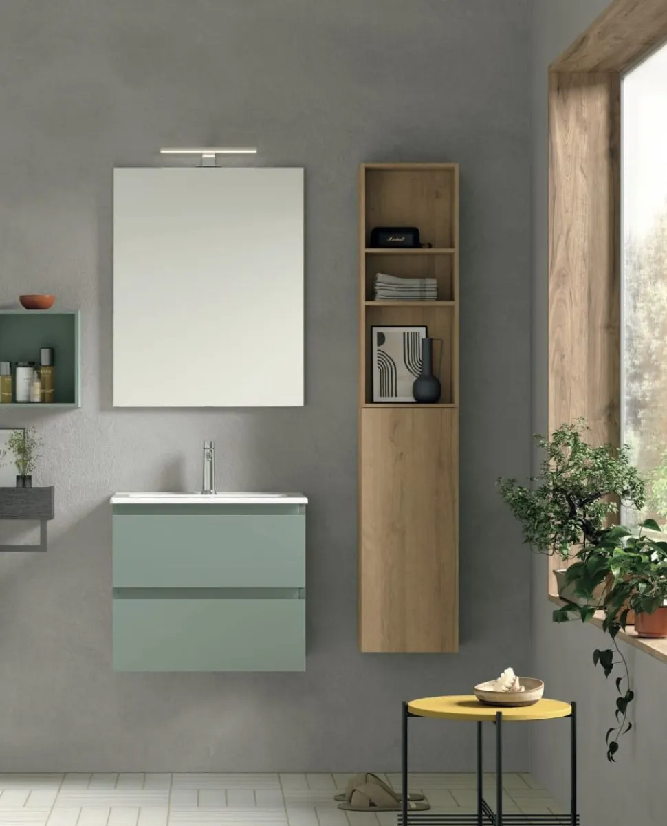 Mobile Bagno 2 cassetti sospeso con presa maniglia a 45° e lavabo integrato Allegra disponibile in 4 colori