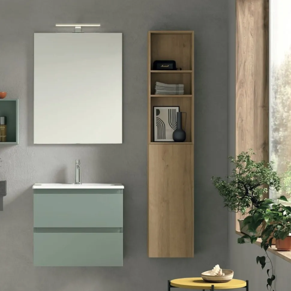 Mobile Bagno 2 cassetti sospeso con presa maniglia a 45° e lavabo integrato Allegra disponibile in 4 colori