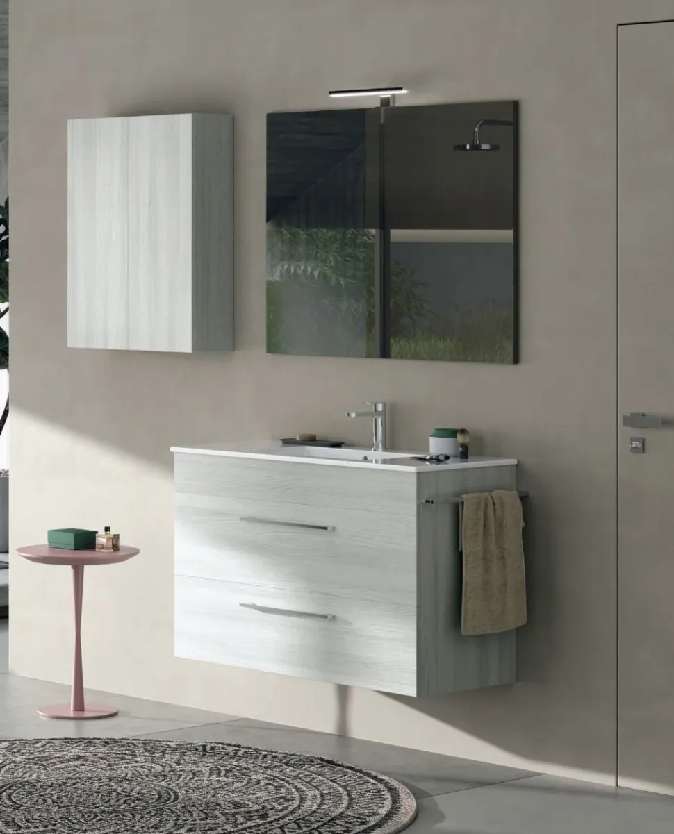 Mobile Bagno 2 cassetti sospesi con maniglie in metallo e lavabo con vasca integrata Smart disponibile in 4 colori