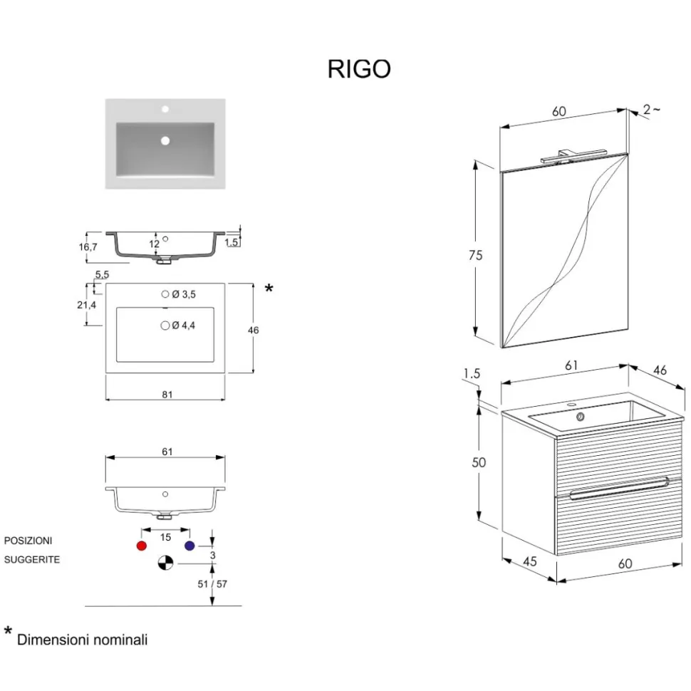 Mobile Bagno 2 cassetti sospeso Rigo disponibile in 3 misure e 5 colori