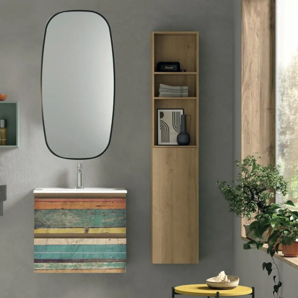 Mobile Bagno 2 cassetti sospeso con presa maniglia a 45° e lavabo integrato Allegra - con serigrafia