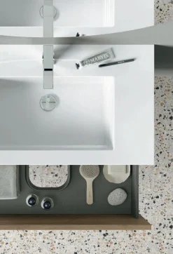 Mobile Bagno consolle 2 cassetti sospesi con presa maniglia integrata e frontali rigati Rigo disponibile in 5 colori