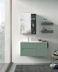 Mobile Bagno sospeso 1 anta e 2 cassetti con frontali rigati e presa maniglia integrata Rigo disponibile in 5 colori