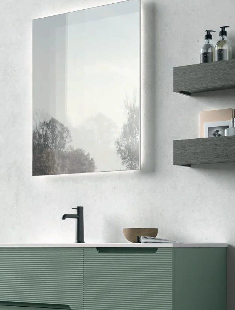 Mobile Bagno sospeso 1 anta e 2 cassetti con frontali rigati e presa maniglia integrata Rigo disponibile in 5 colori