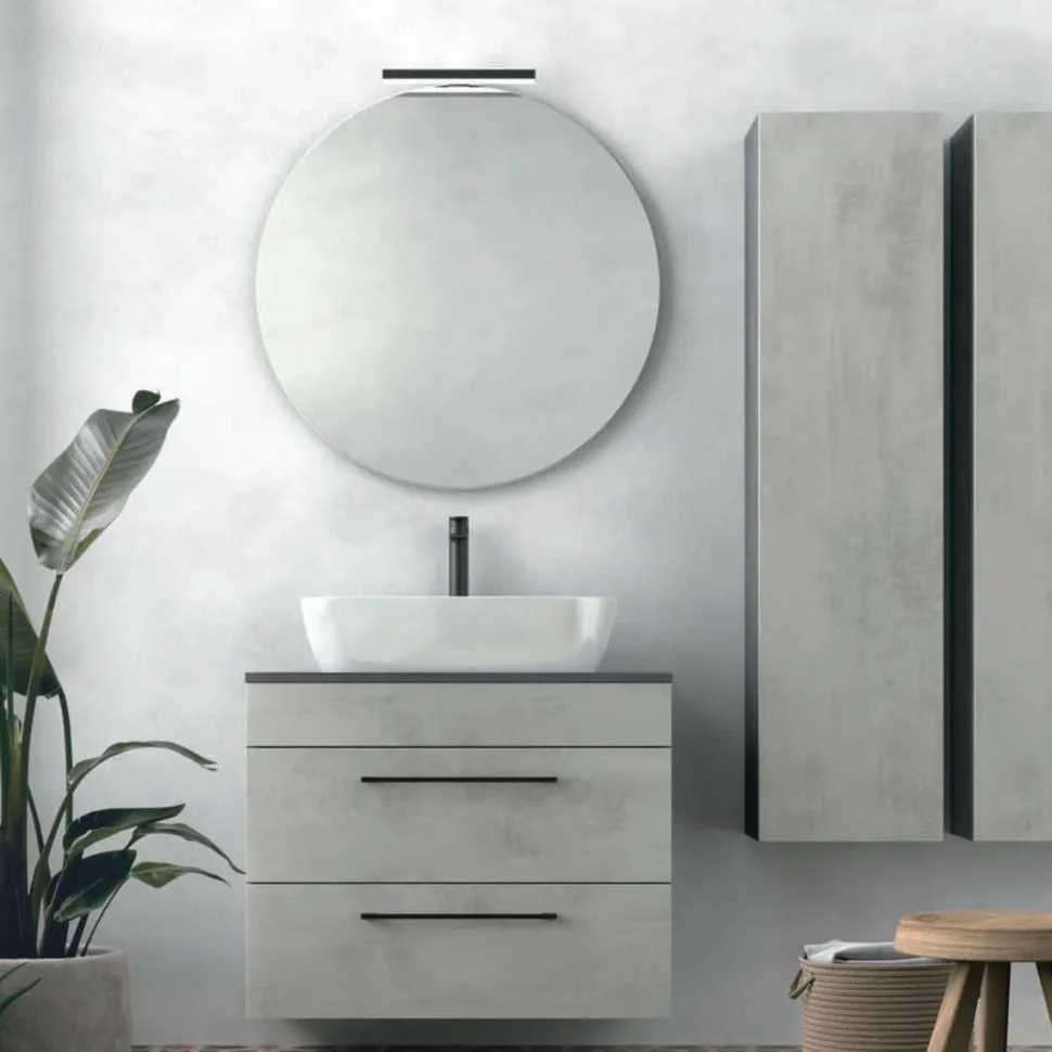 Mobile Bagno sospeso 2 casetti con lavabo in appoggio e maniglie in metallo verniciato Smart disponibile in 4 colori