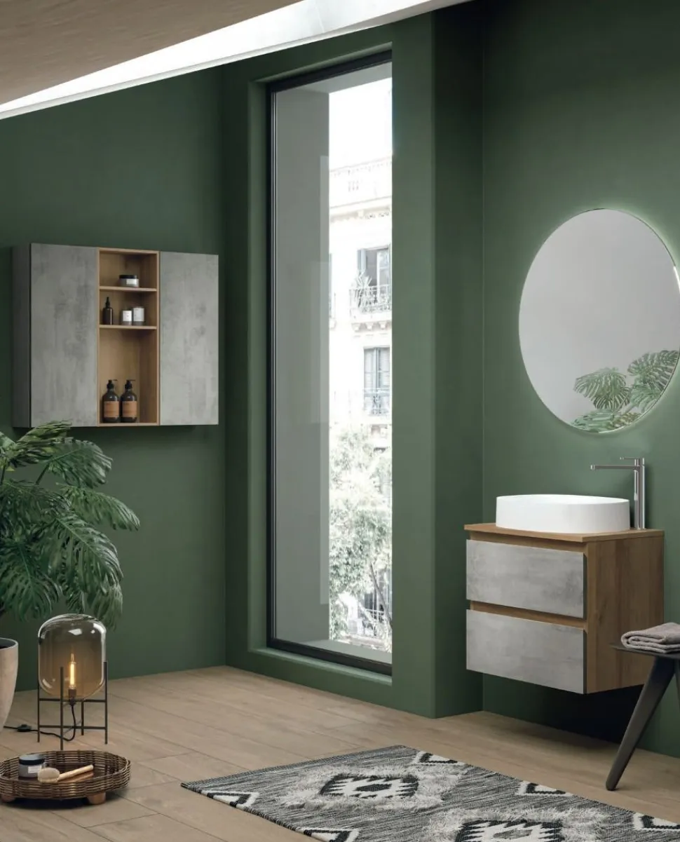 Mobile Bagno sospeso 2 cassetti con presa maniglia a 45° e lavabo in appoggio Allegra disponibile in 4 colori