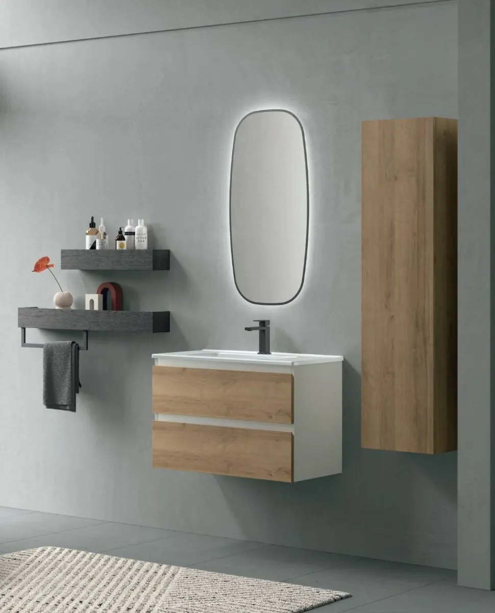 Mobile Bagno sospeso 2 cassetti con presa maniglia a 45° e lavabo integrato Allegra disponibile in 4 colori