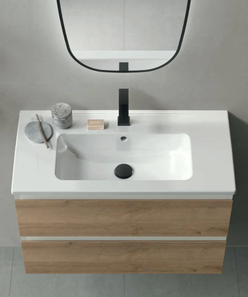 Mobile Bagno sospeso 2 cassetti con presa maniglia a 45° e lavabo integrato Allegra disponibile in 4 colori