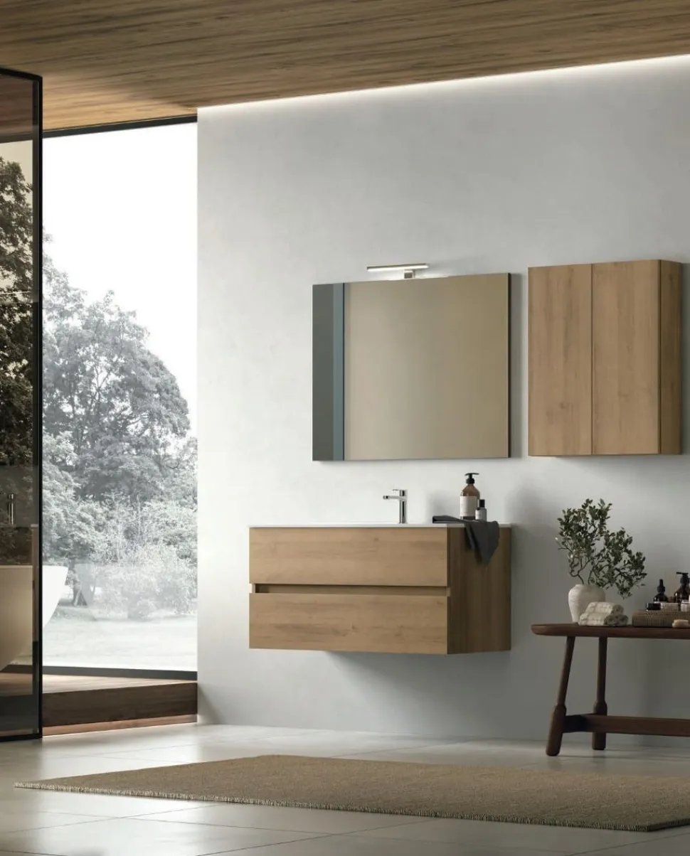 Mobile Bagno sospeso 2 cassetti L 100 con maniglia a incasso e vasca integrata Crea disponibile in 4 colori