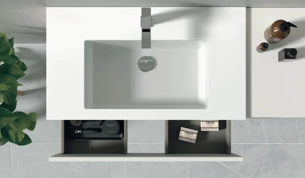 Mobile Bagno sospeso 2 cassetti e vani a giorno con maniglia a incasso Crea disponibile in 4 colori