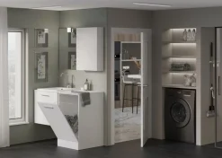 Mobile Bagno sospeso con 1 cassettone e cesto porta biancheria a ribalta disponibile in vari colori