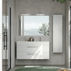 Mobile Bagno sospeso con doppia vasca integrata 2 cassetti e maniglie in metallo Smart disponibile in 4 colori