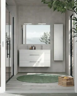Mobile Bagno sospeso con doppia vasca integrata 2 cassetti e maniglie in metallo Smart disponibile in 4 colori