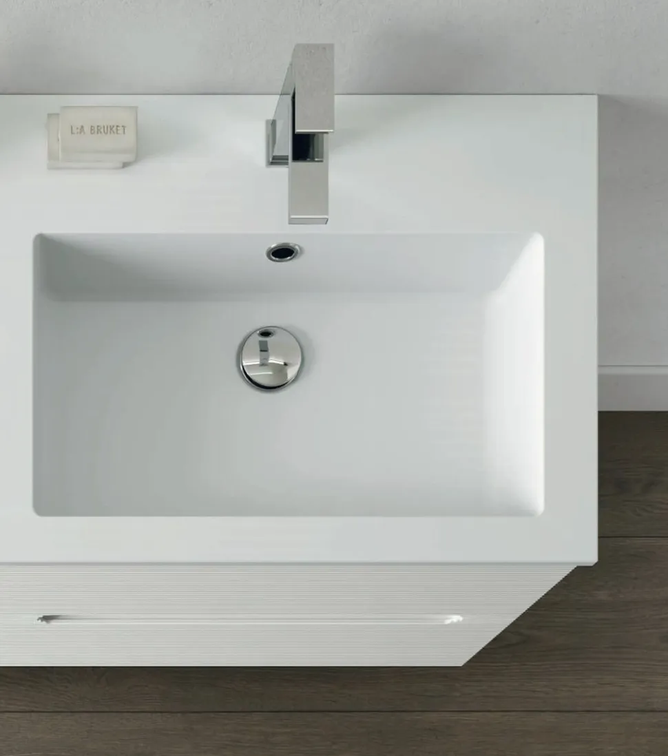 Mobile Bagno sospeso con doppio lavabo 4 cassetti con frontali rigati e presa maniglia integrata Rigo disponibile in 5 colori