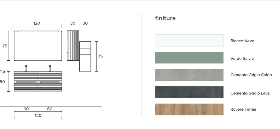 Mobile Bagno sospeso con doppio lavabo 4 cassetti con frontali rigati e presa maniglia integrata Rigo disponibile in 5 colori